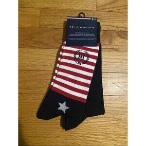 Tommy Hilfiger Mens 7-12 OS Crew Socks Red Navy Stars Stripes Combed Cotton 2pk